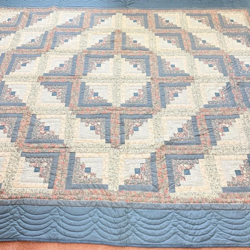 Vtg Log Cabin Quilt 102x86 Queen King Handmade Bedspread Floral Cottagecore